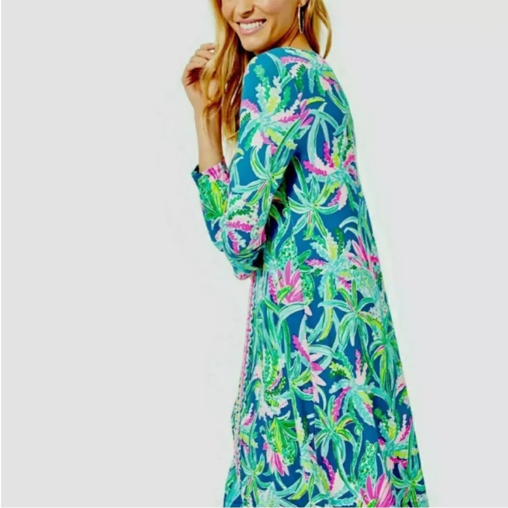 Tropical Print Long Sleeve Dress - Blue & Green